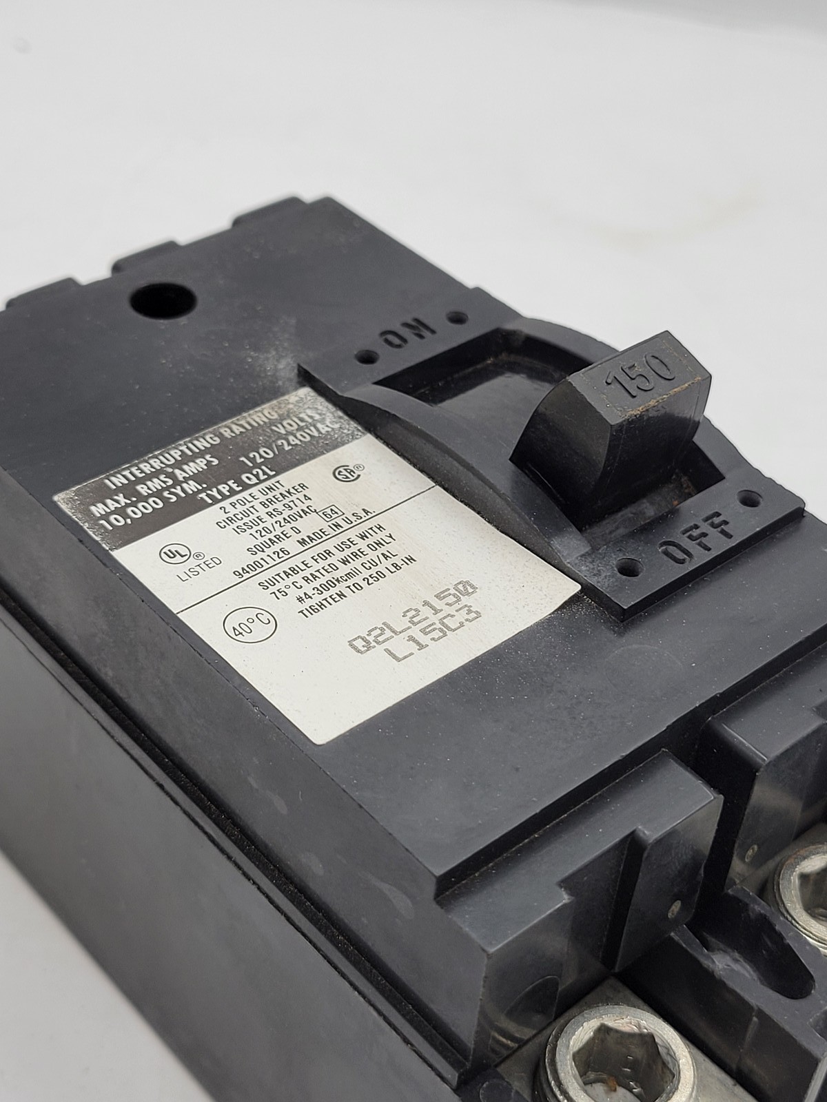 Square D Q2L2150 Circuit Breaker 150A 2P 120/240V Q2L Bolt On Mounting Hardware