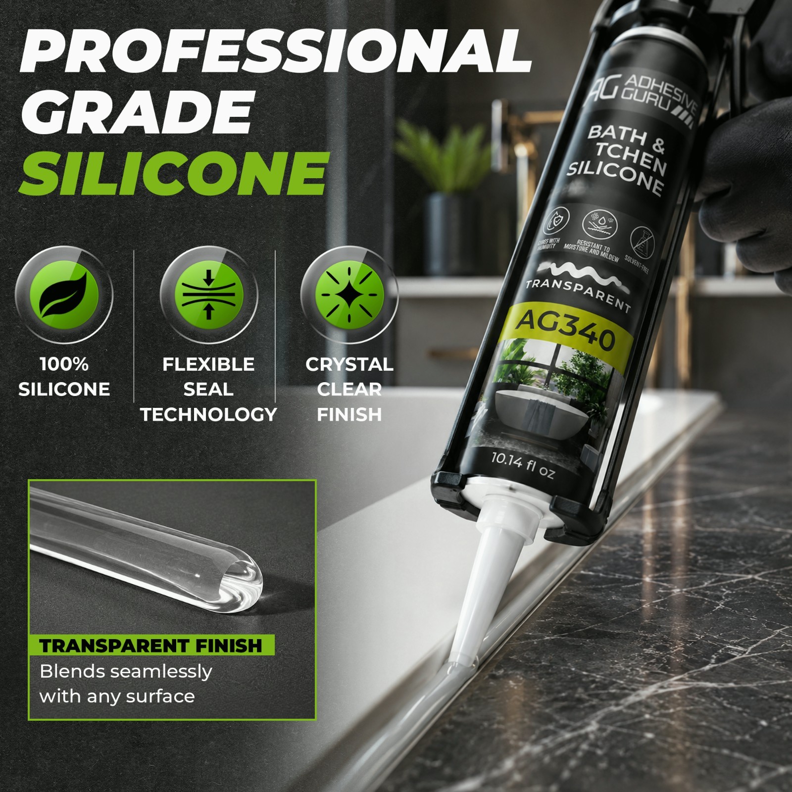 Adhesive Guru AG340 Clear Silicone Sealant (12×10.14 fl oz), 100% Silicone Caulk