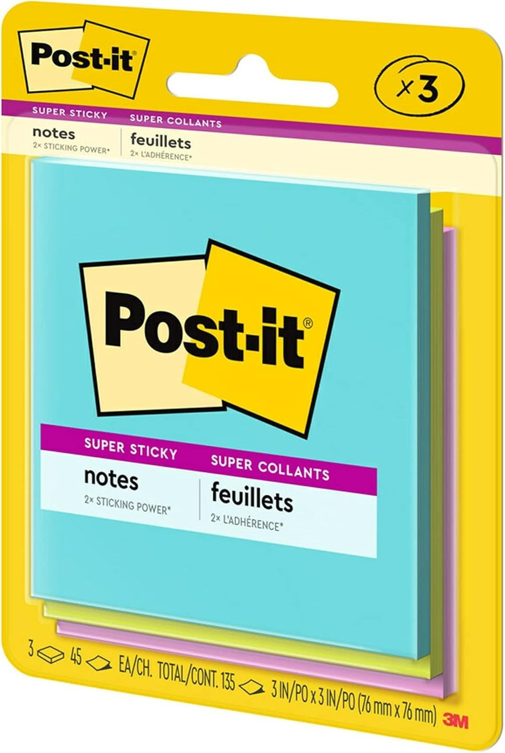 Post-it Super Sticky Notes, 3 Sticky Note Pads, 3 x 3 in., School Supplies, Offi