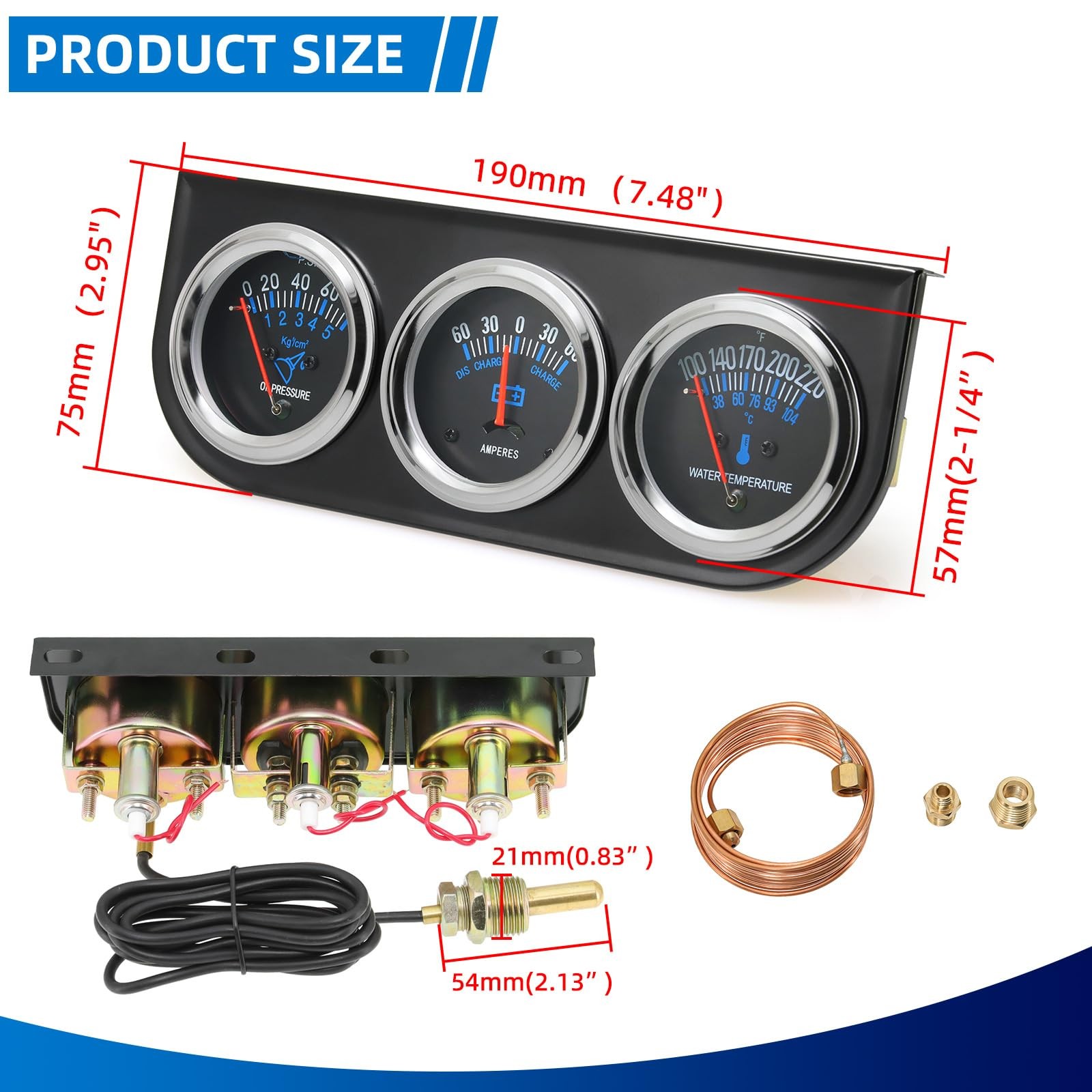 2inch 52mm Triple Gauge Set, Oil Pressure Gauge Water Temp Temperature Ammete…