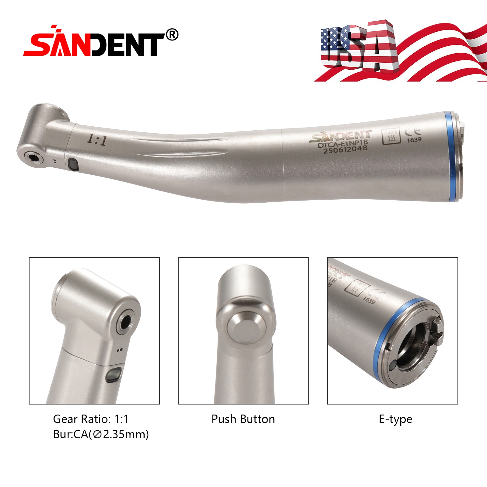 1-5 SANDENT LED Dental 1:1 Fiber Optic Contra Angle Low Speed Handpiece NEW