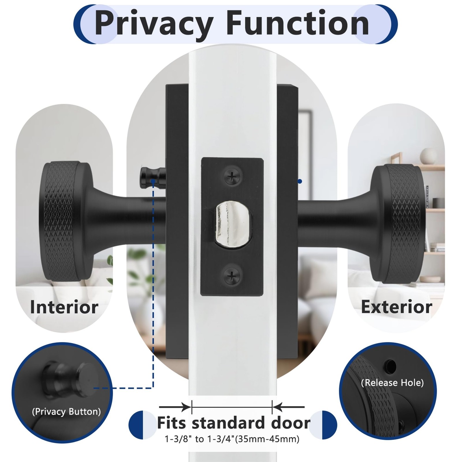 Black Door Knob with Lock, Interior Door Knobs with Knurled Texture, Heavy Du…