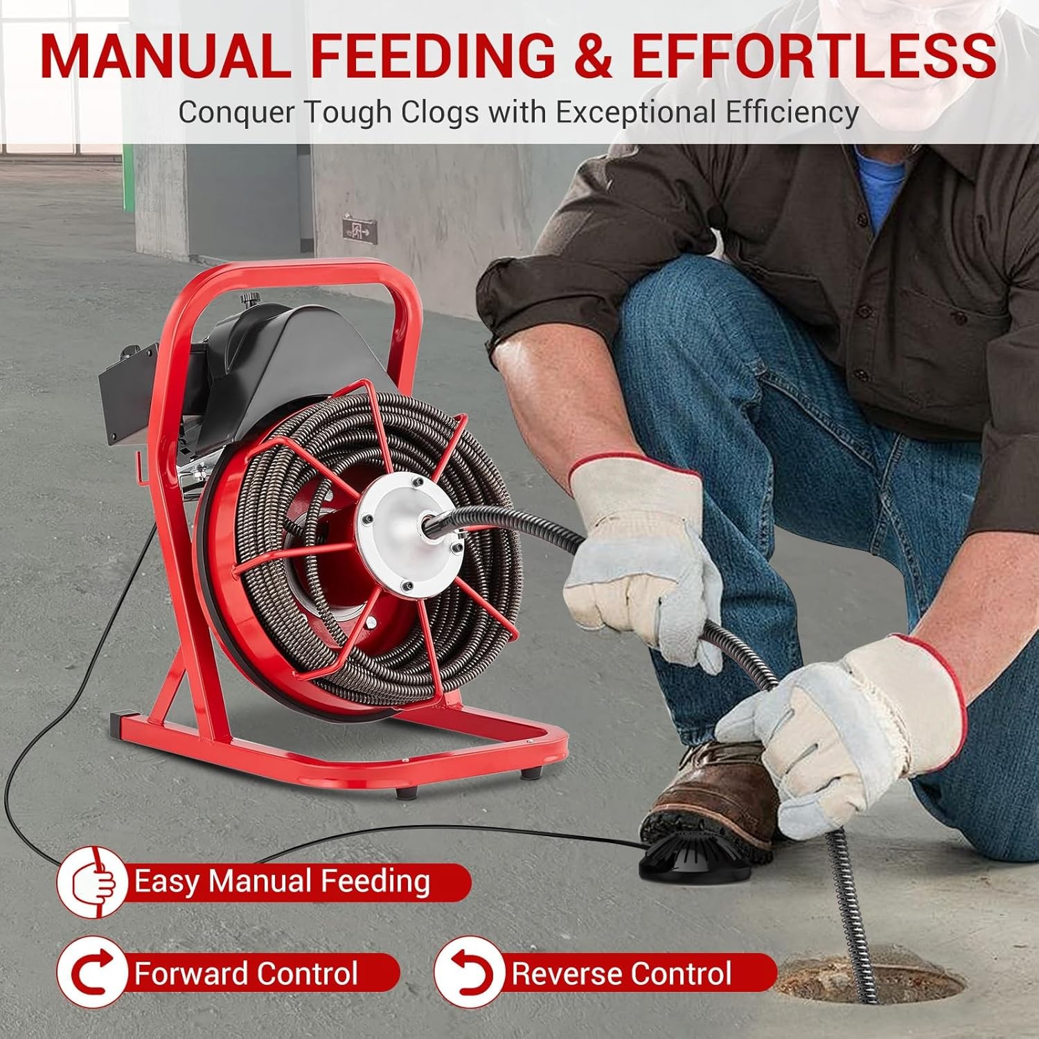 Drain Cleaner Machine Electric Drain Auger 75 FT x 1/2 In Auto Feed 1850RPM 450W
