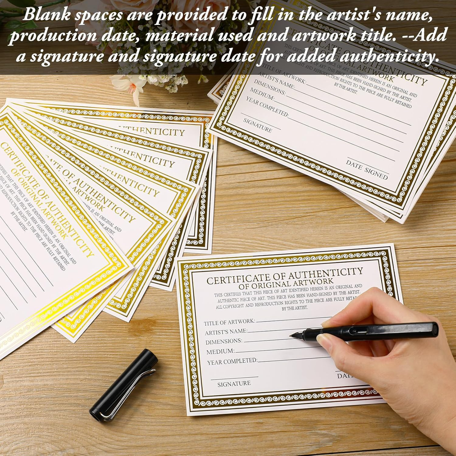25 Pcs 5 X 7 Inch Certificate of Authenticity for Original Artwork Gold Foil Pre