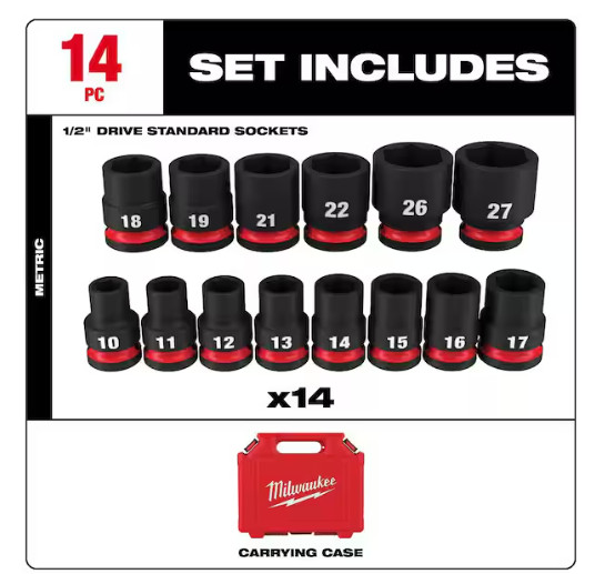 Milwaukee SHOCKWAVE 1/2in. Drive Metric 6 Point Impact Socket Set | 14-Piece Set
