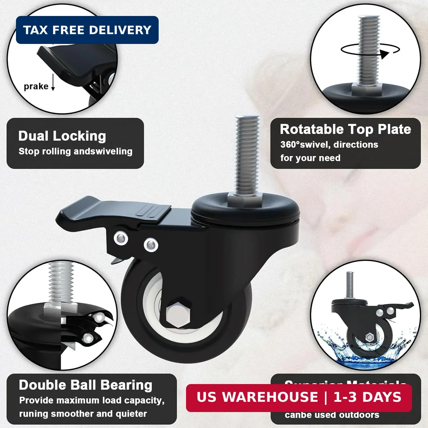 1.5″ Caster Wheels, Threaded Stem Casters, Screwed Bolt M8x25mm | Swivel Wheels