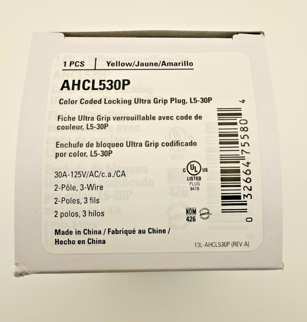 NEW Eaton ArrowHart AHCL530P L5-30P Yellow Locking Plug 125V 30A 2p3w Ultra Grip