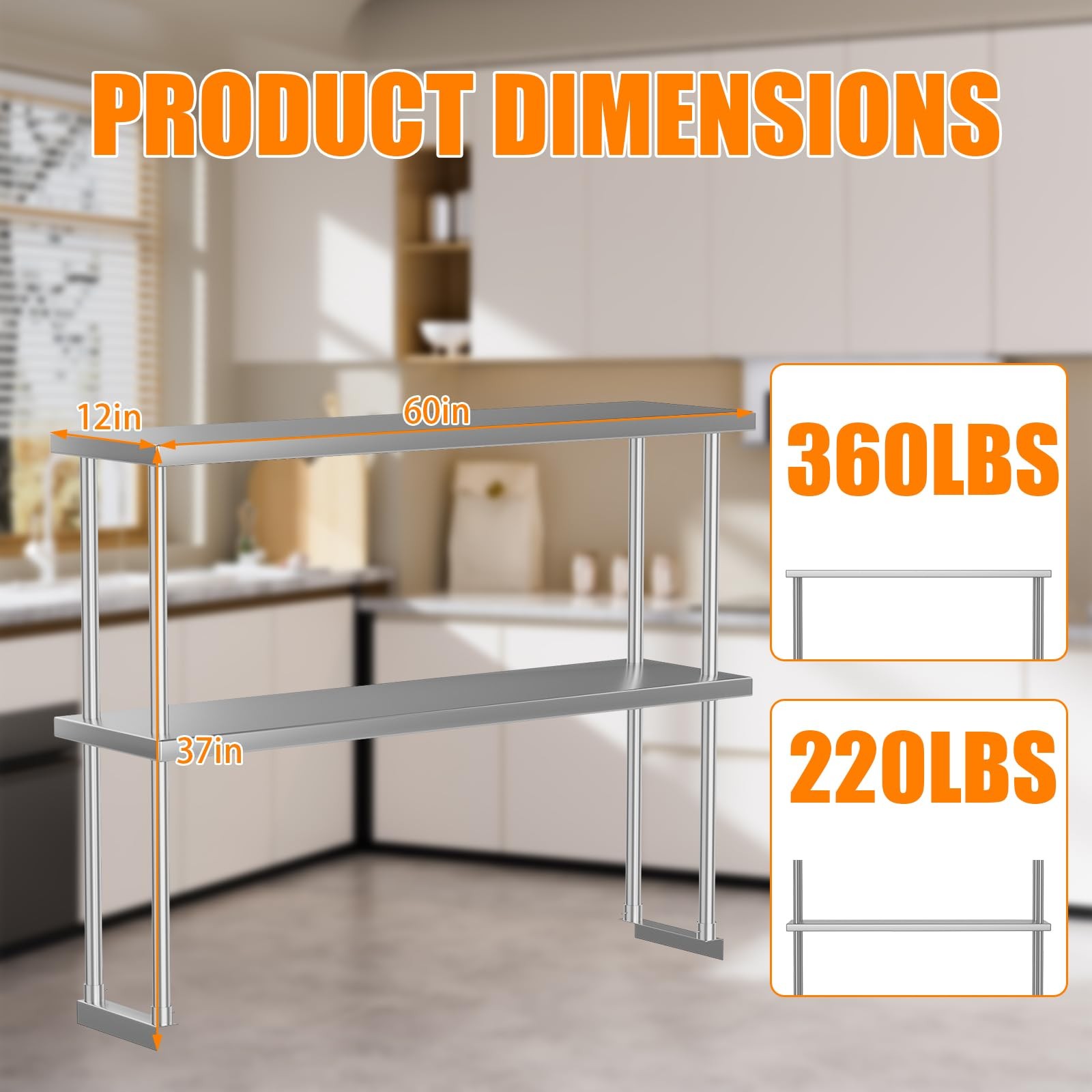 60x12x37 in Stainless Steel Overshelves 2-Tier Heavy Duty Adjustable Shelves