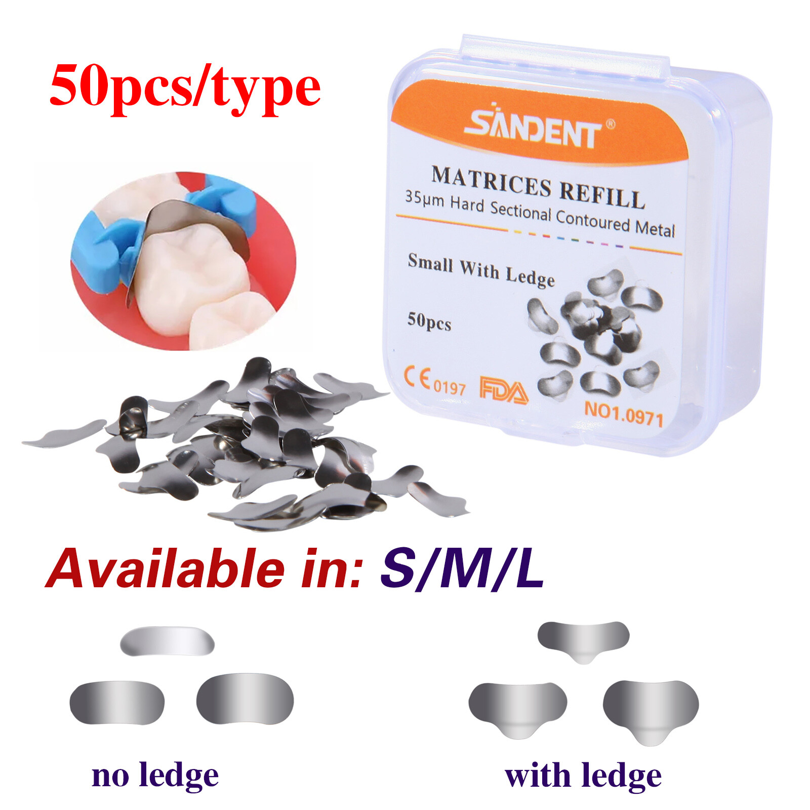 50pcs Dental Metal Matrices Sectional Contoured Matrix Refill Hard band S/M/L