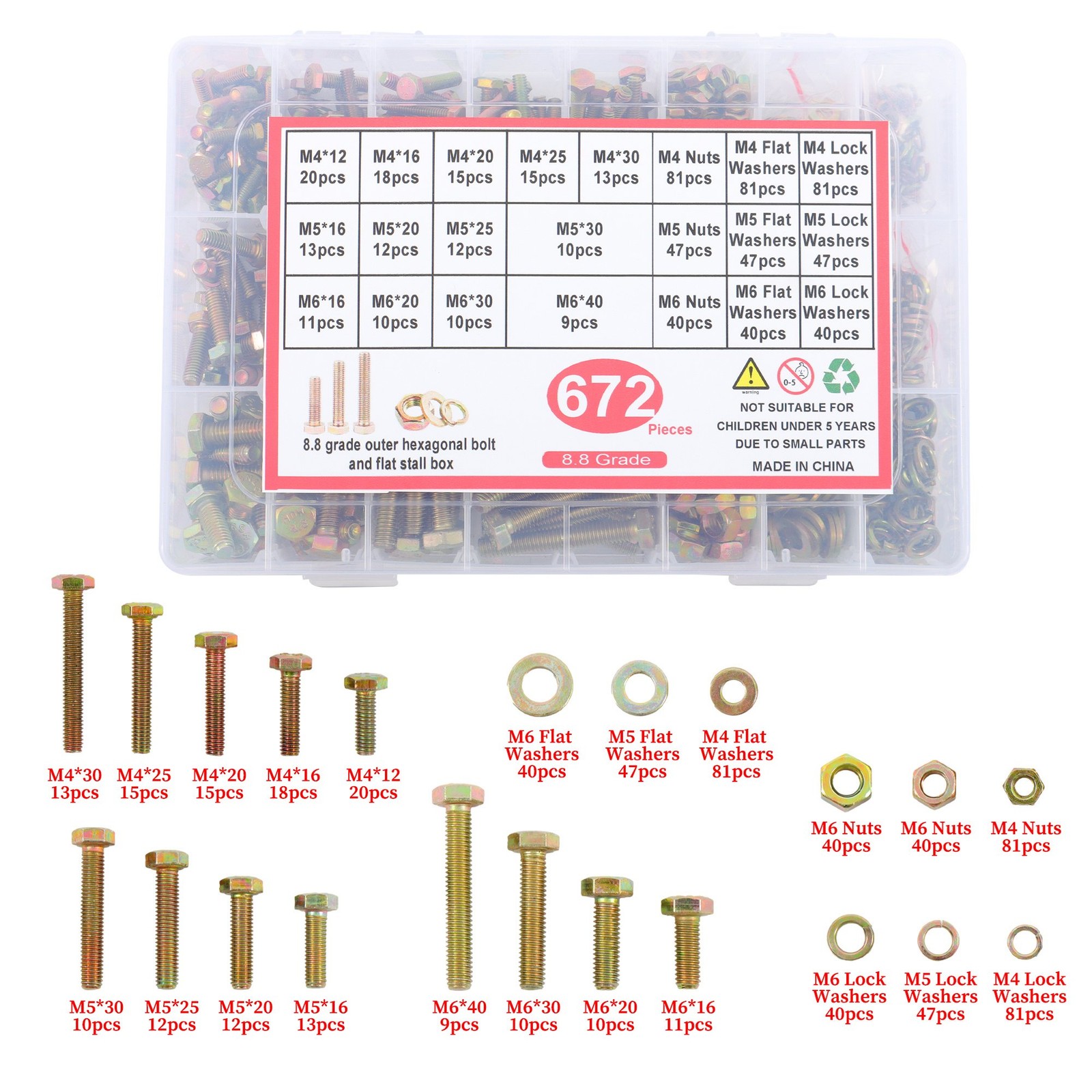 672 Pack Metric Bolts Nuts Assortment Kit Hex Head Grade 8.8 Alloy Steel