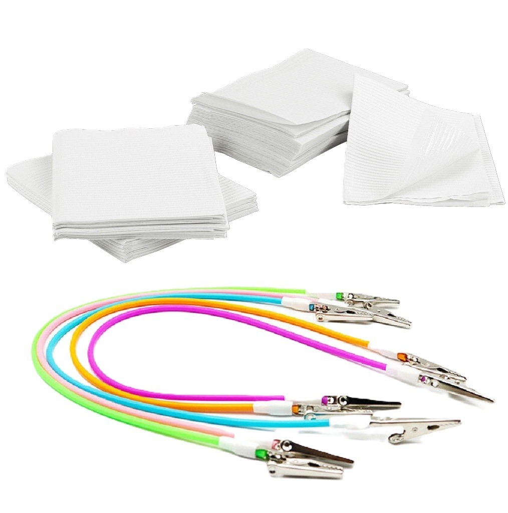 Dental Bibs 50 White + 5 Bib Clips Kit Disposable Waterproof Patient Protection