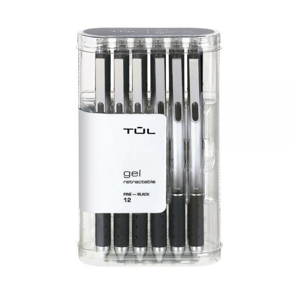 TUL Retractable Gel Pens, Fine Point, 0.5 mm, Silver Barrel, Black Ink, 12PK
