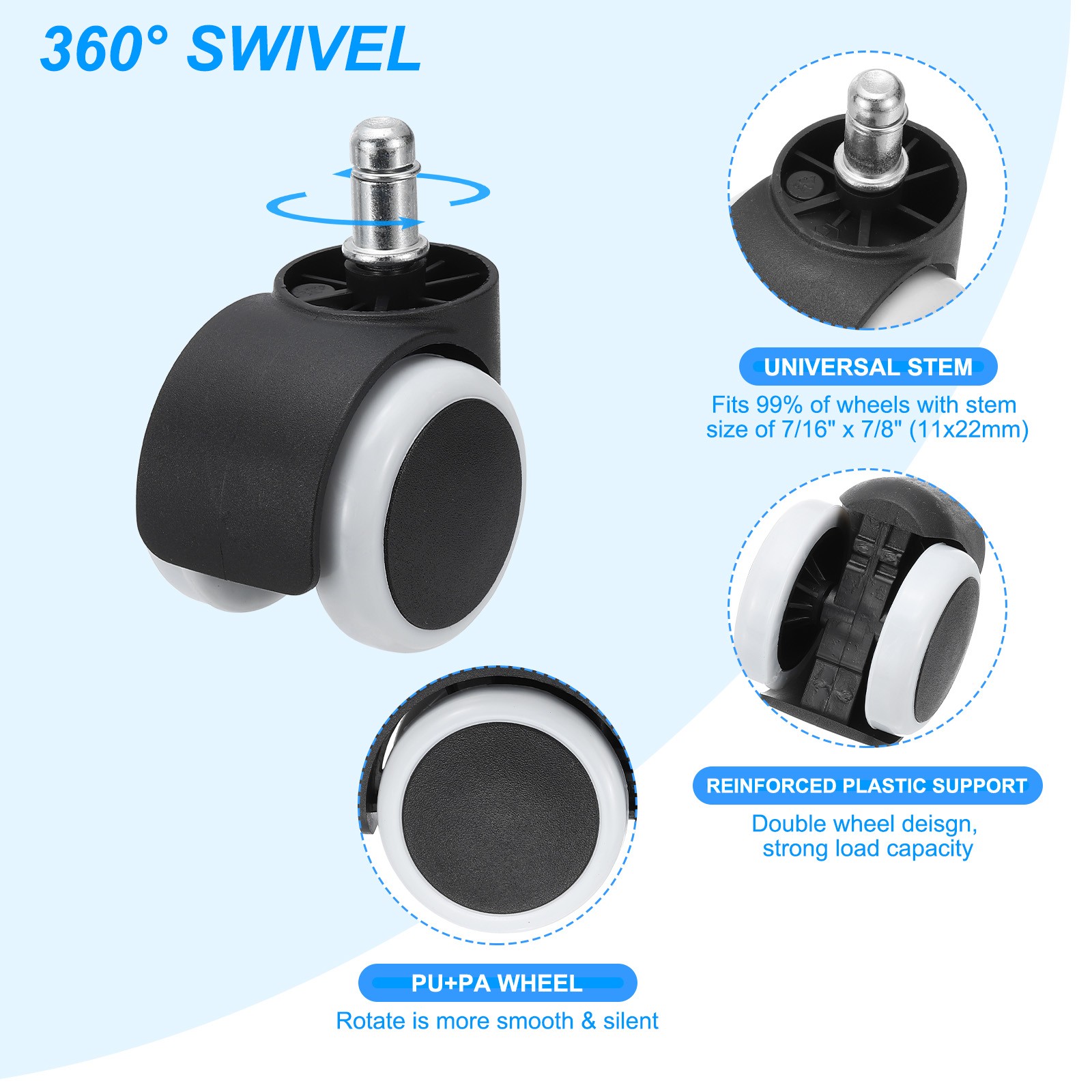 2 Inch Gaming Chair Wheels Replacement Quite Swivel Stem Caster White