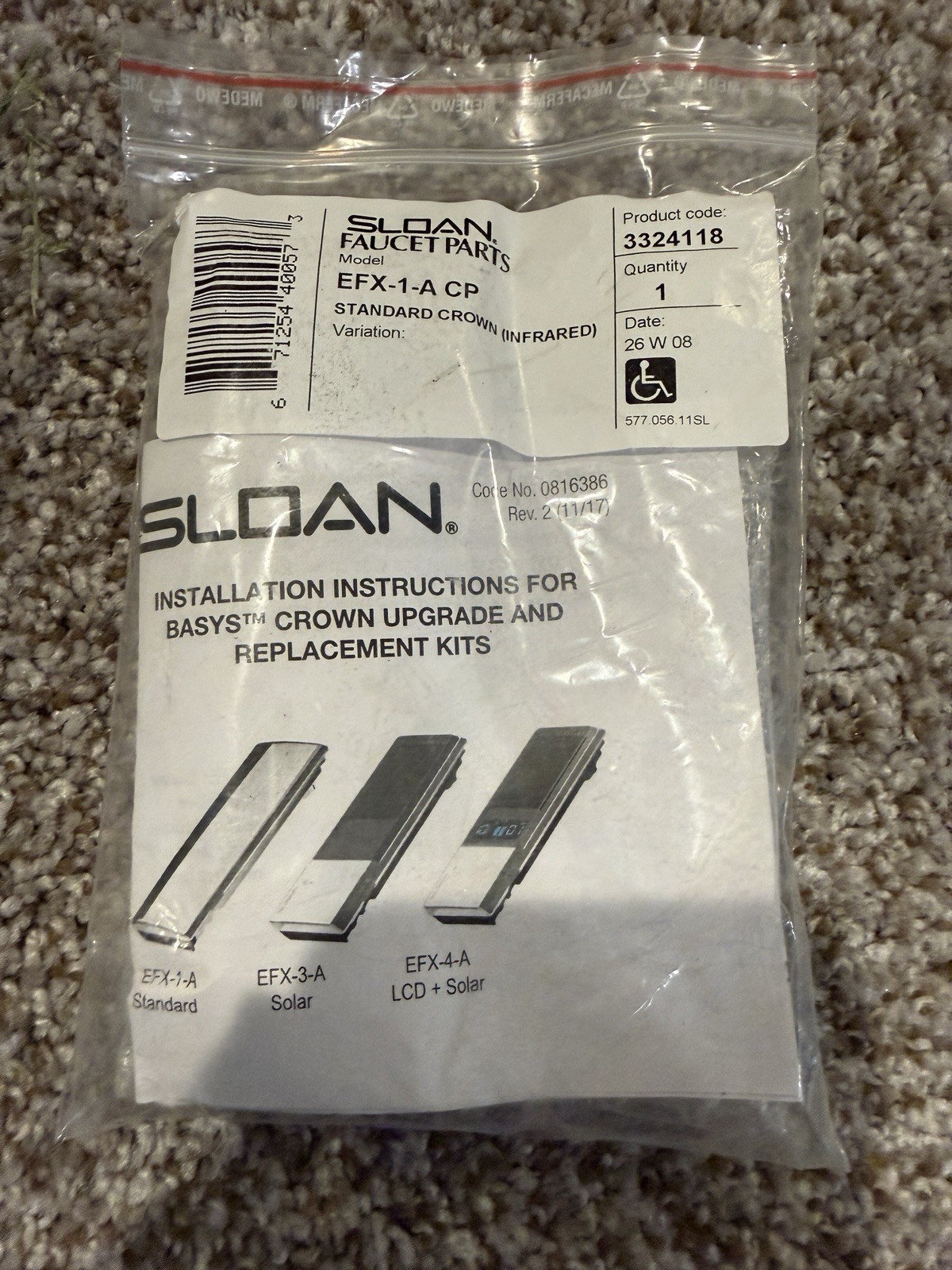SLOAN Standard Crown Replacement IR Sensor Kit EFX-1-A CP NEW
