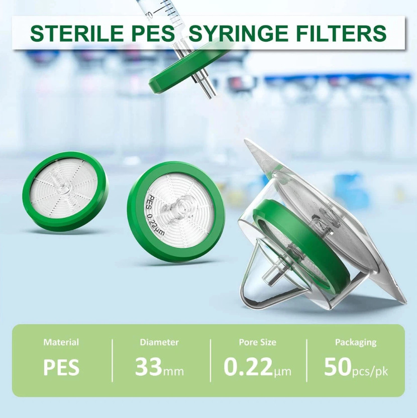50Pcs Sterile Syringe Filter 33mm 0.22 Micron PES Membrane Hydrophilic, New