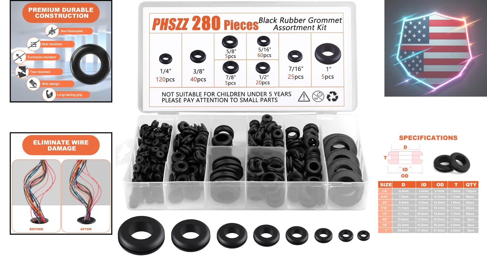 PSHZZ 280 PCS Rubber Grommets Kit, Rubber Hole Grommet Gaskets Assortment for..,