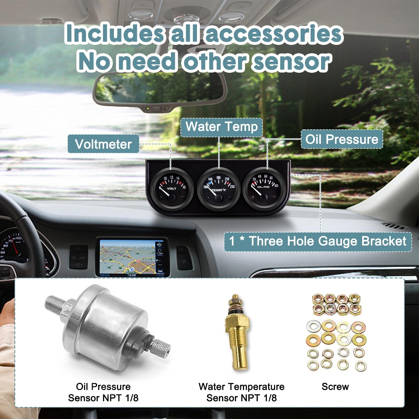 52mm Triple Car Gauge Kit Volt Water Temp Oil Pressure Meter Dashboard Set