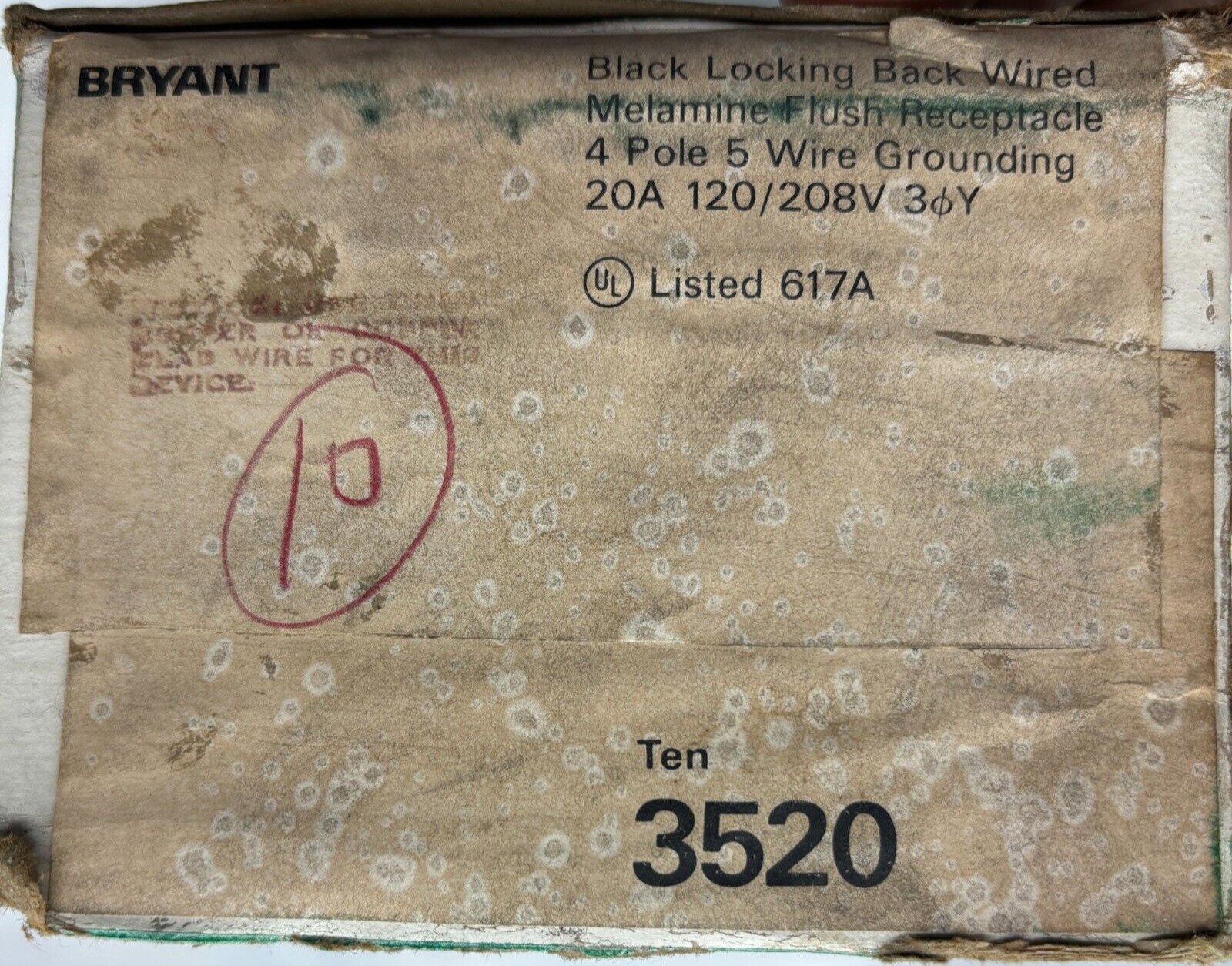 BRYANT 3520 Lockıng Back Wired Melamine Flush RCPT 20A 120/208V LOT OF 10 ⭐