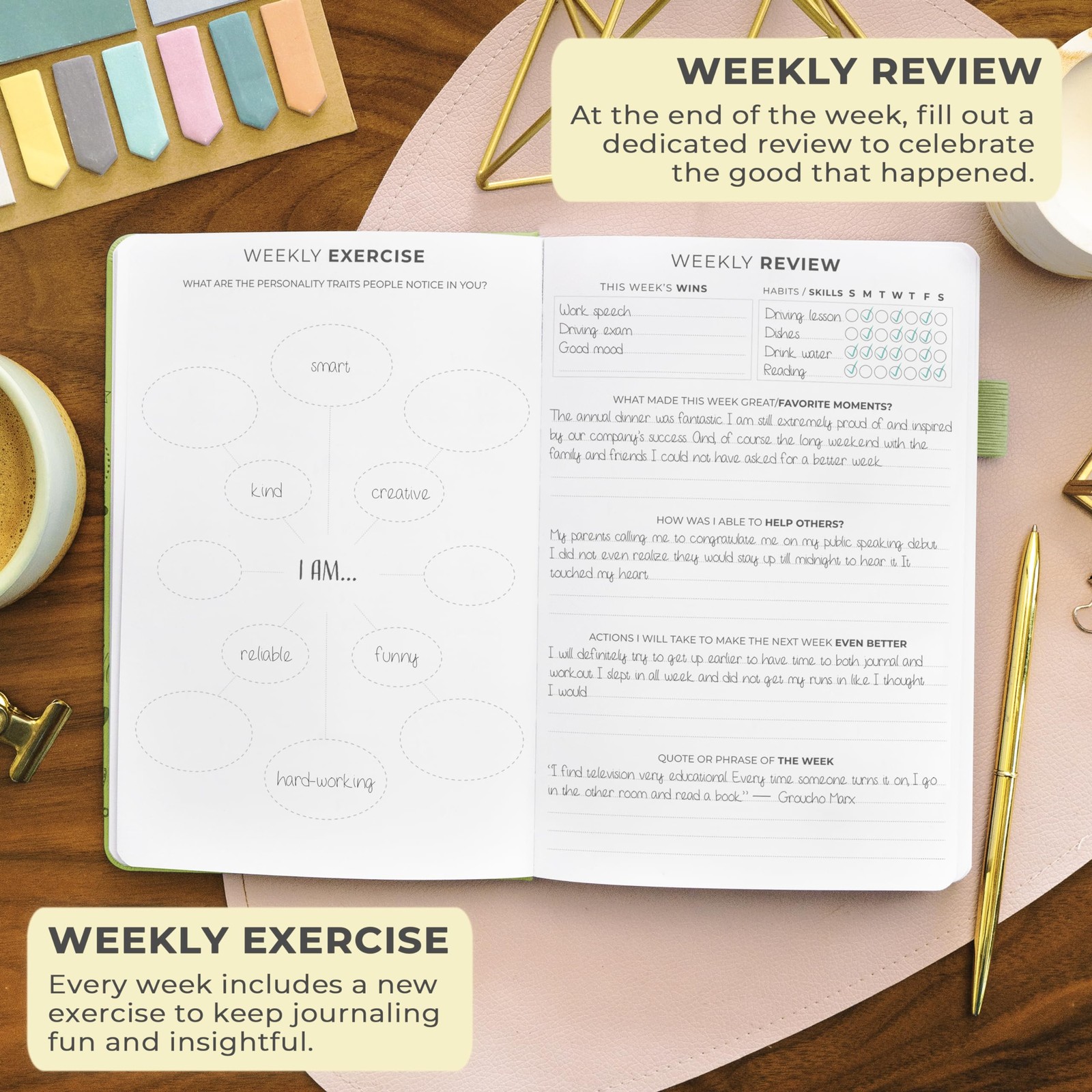 A5 Guided Gratitude Journal Spring Green Daily Reflection with Stickers 3 Months