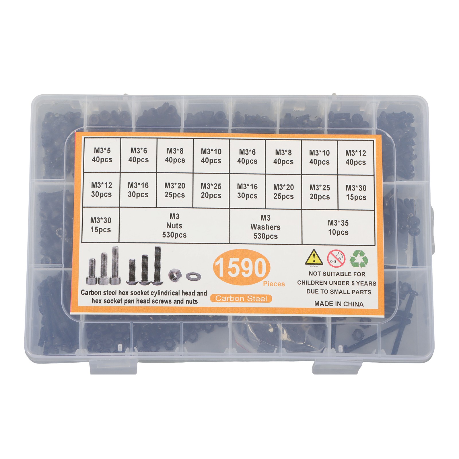 1590Pack M3 Hardware Assortment – Hex Button and Socket Head Bolts Nuts Washers