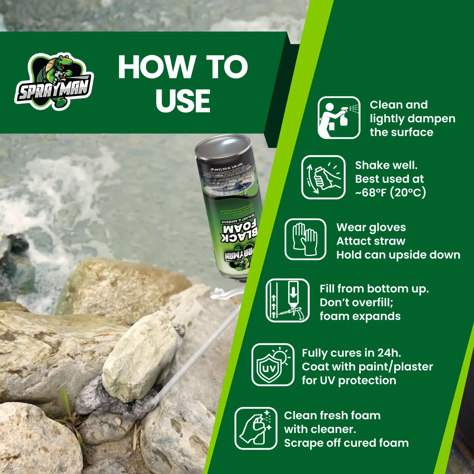 Sprayman Waterfall Pond Landscape Expanding Waterproof Black Spray Foam 12oz 2Pk