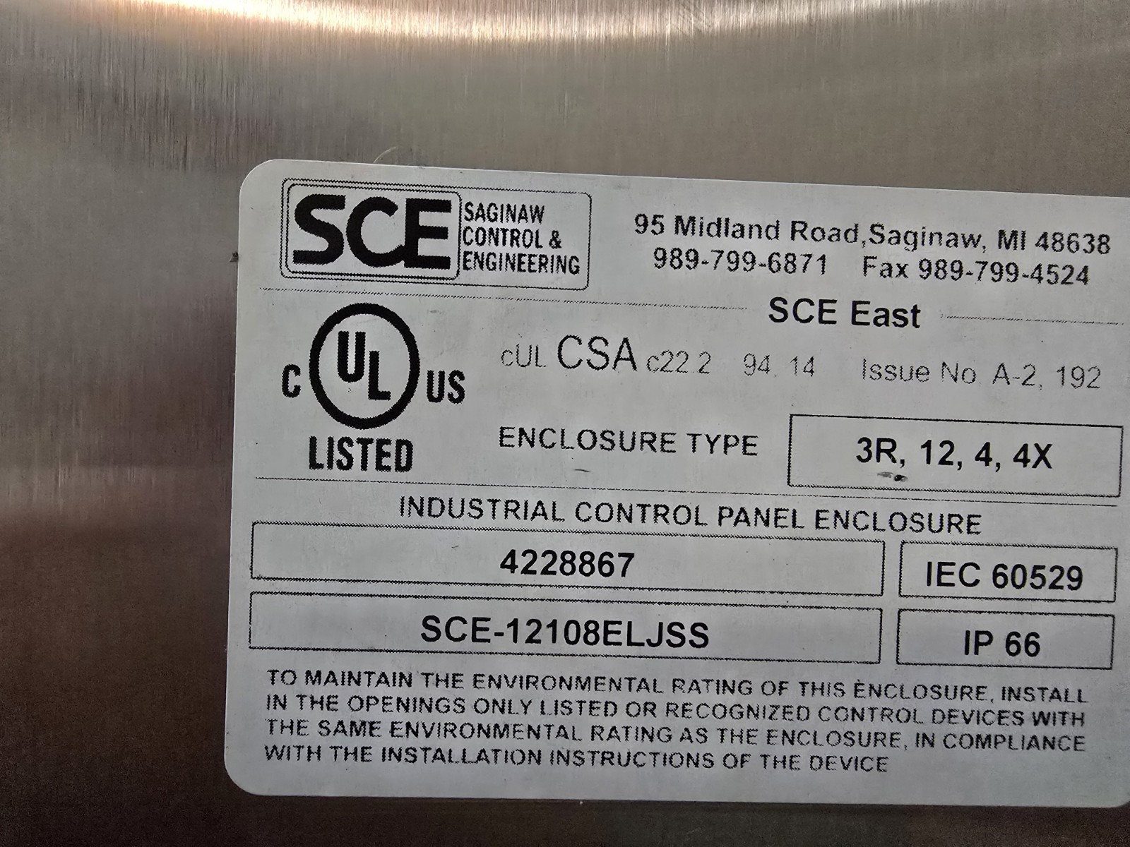 SAGINAW SCE-12108ELJSS / SCE12108ELJSS (BRAND NEW)