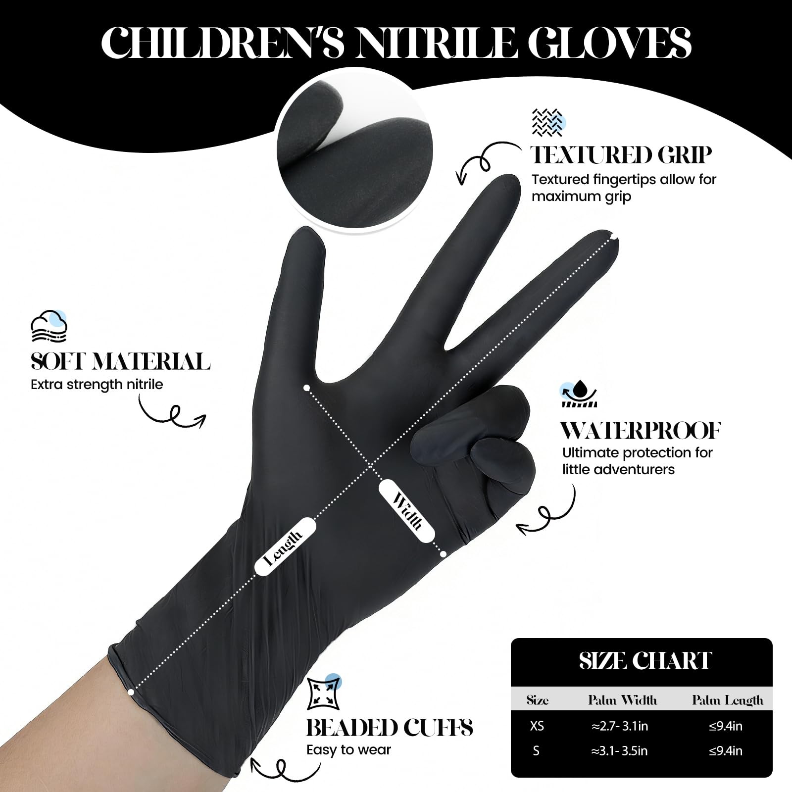 Xandoval Kids Nitrile Gloves for 6-10 Years, 5Mil Black Small, of 50pcs
