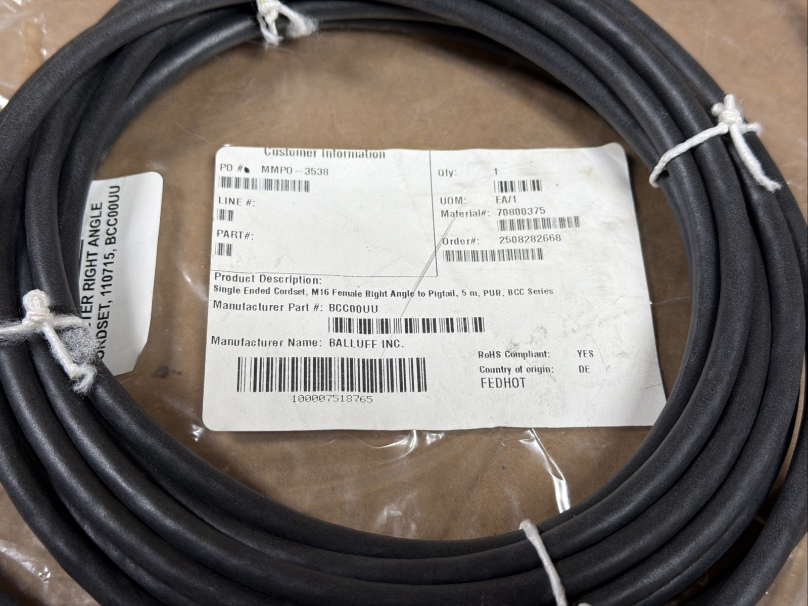 BALLUFF BCC00UU Single Ended Cordset M16 Female Right Angle to Pigtail 5M 8P