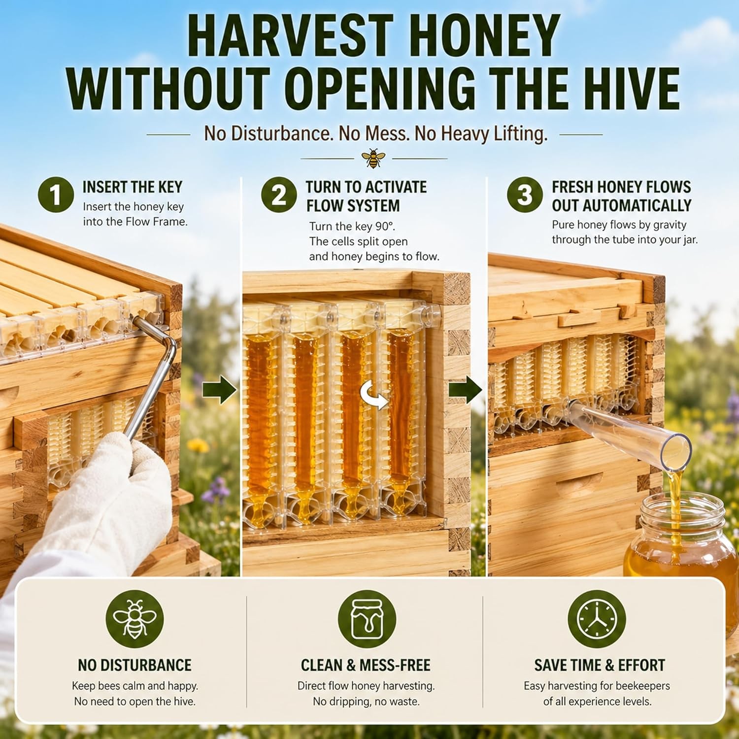 Auto Beehive Starter Kit Wooden Bee Hive Box with 7pcs Honey Tap Frames Beginner