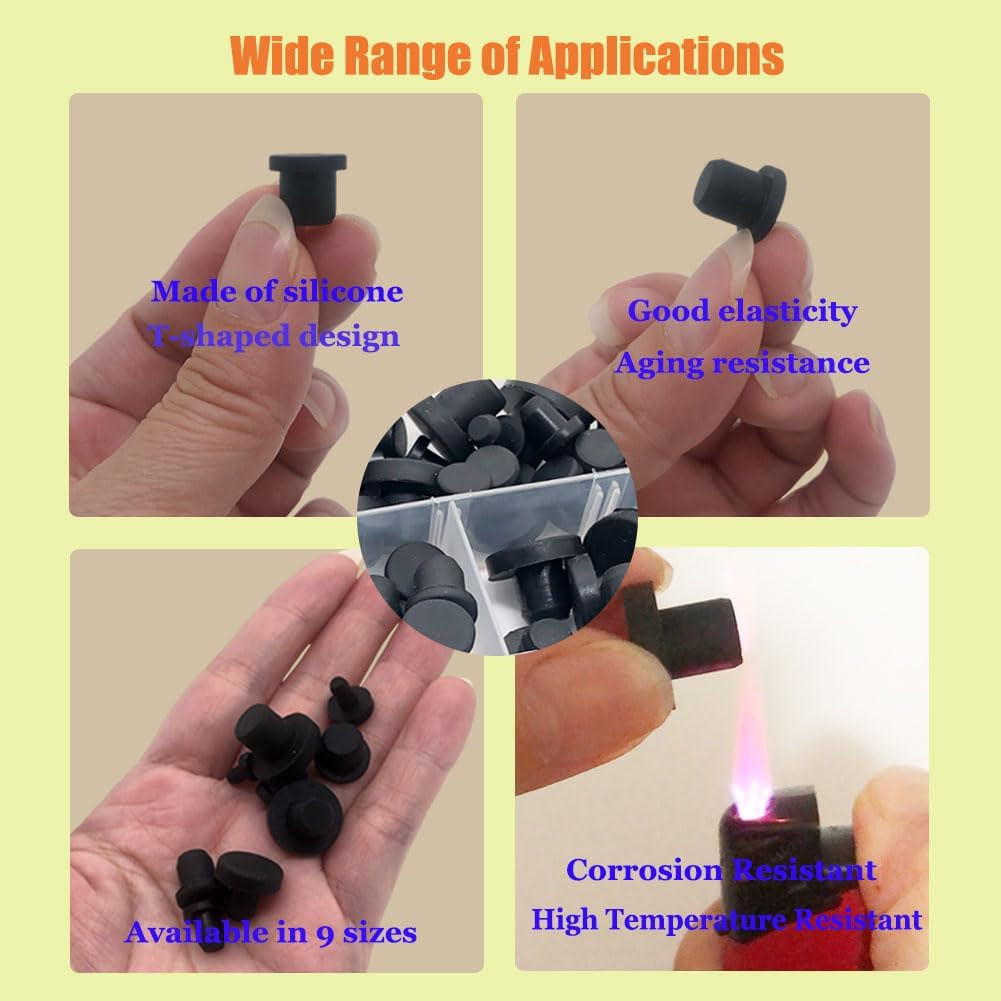 100 Pcs Silicone Rubber Hole Plugs Set – 9 Sizes T-Type Black Silicone Plugs Cap