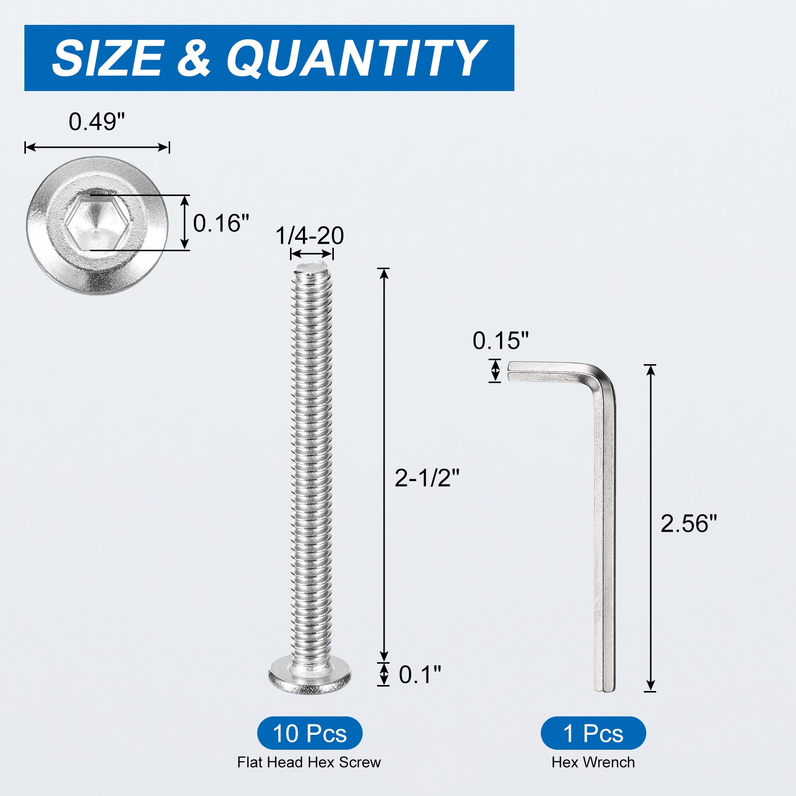 1/4-20 x 2-1/2″ Flat Head Hex Screw, 10PCS Stainless Steel Bolt with Hex Wrench