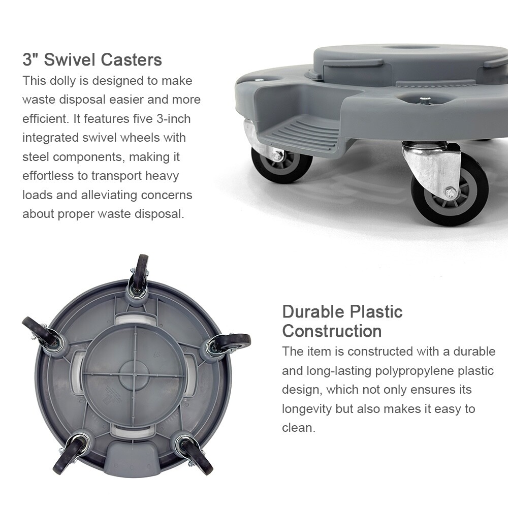 Trash Can Dolly | Heavy-Duty Plastic | 5 Casters | Foot Stabilizer | 460 Lb. Cap