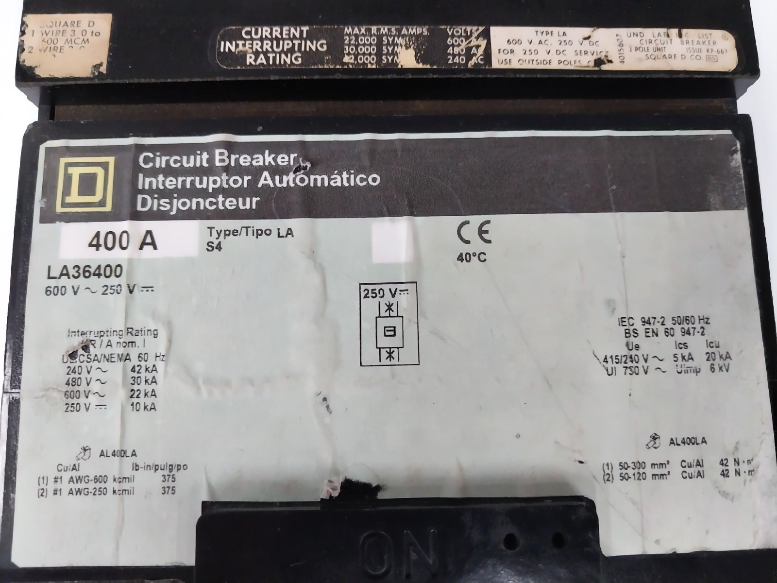 Square D 400 Amp I-Line Circuit Breaker 600 VAC / 250 VDC 3 Pole LA36400