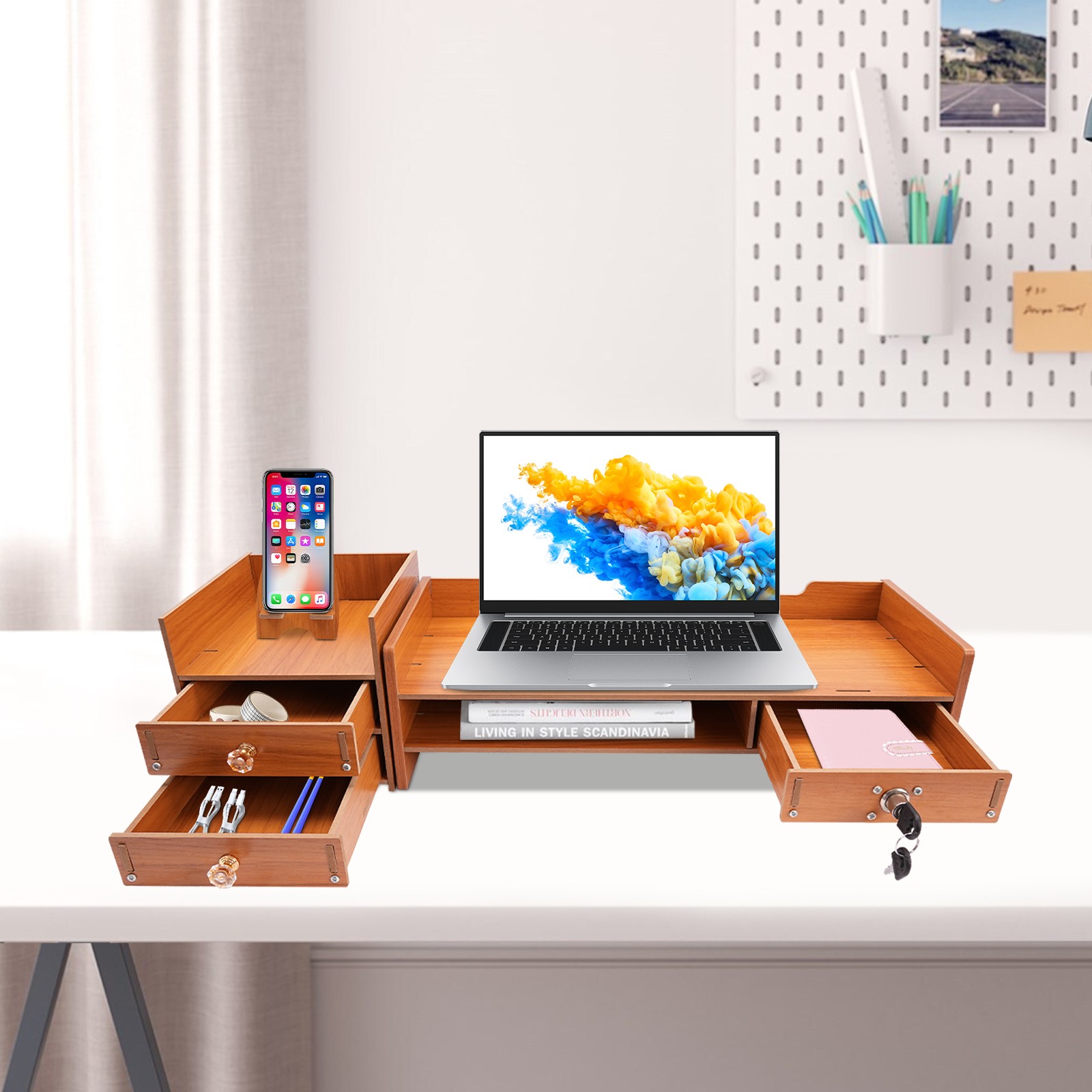 Computer Monitor Stand With Lockable Drawer & Phone Holder For Home Office