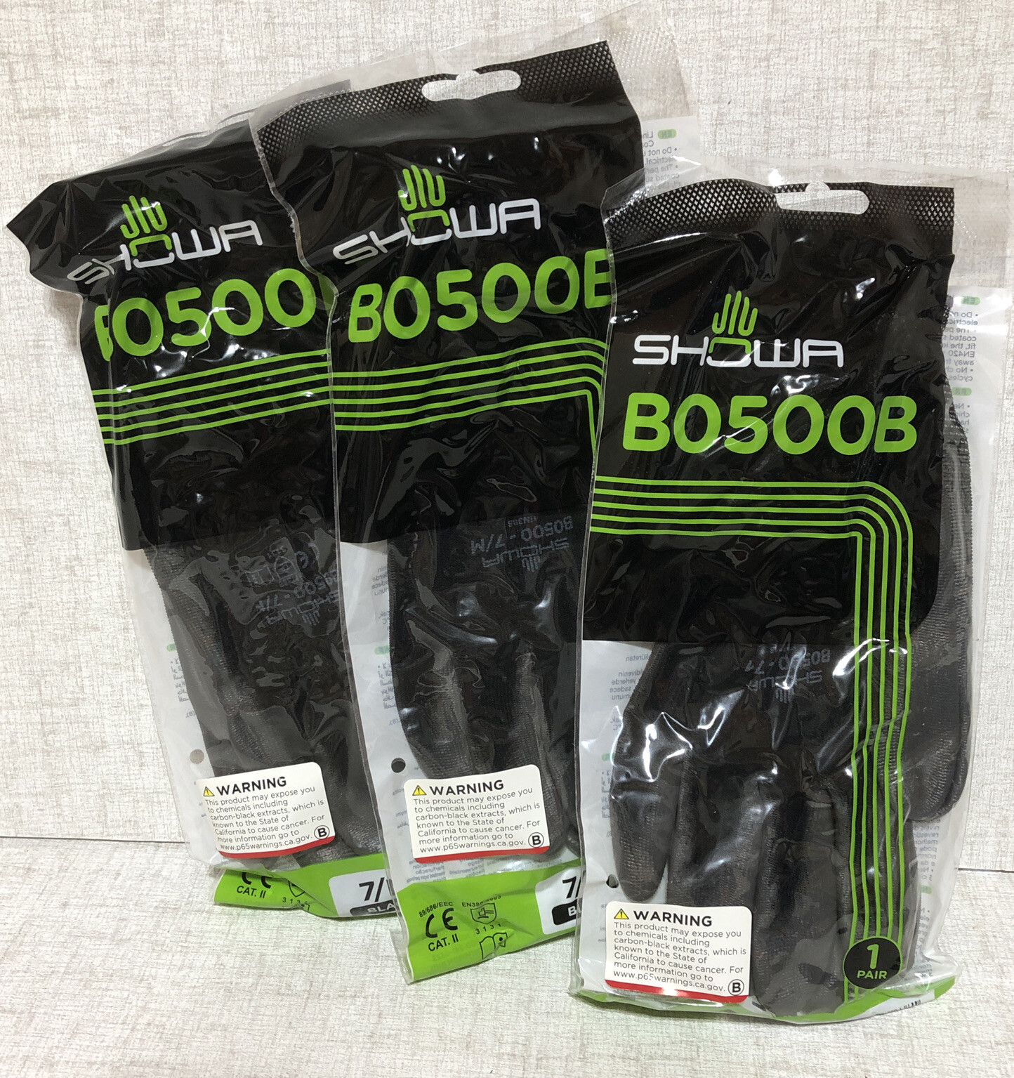 3 Pair- CE certified Sanikitz Black Nylon Gloves w Polyurethane-Coated Palm-Med