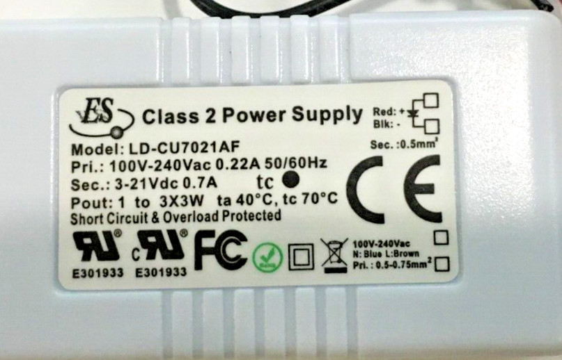 ES Constant Current 700mA Class 2 Power Supply 1-3x3W LD-CU7021AF ES Constant