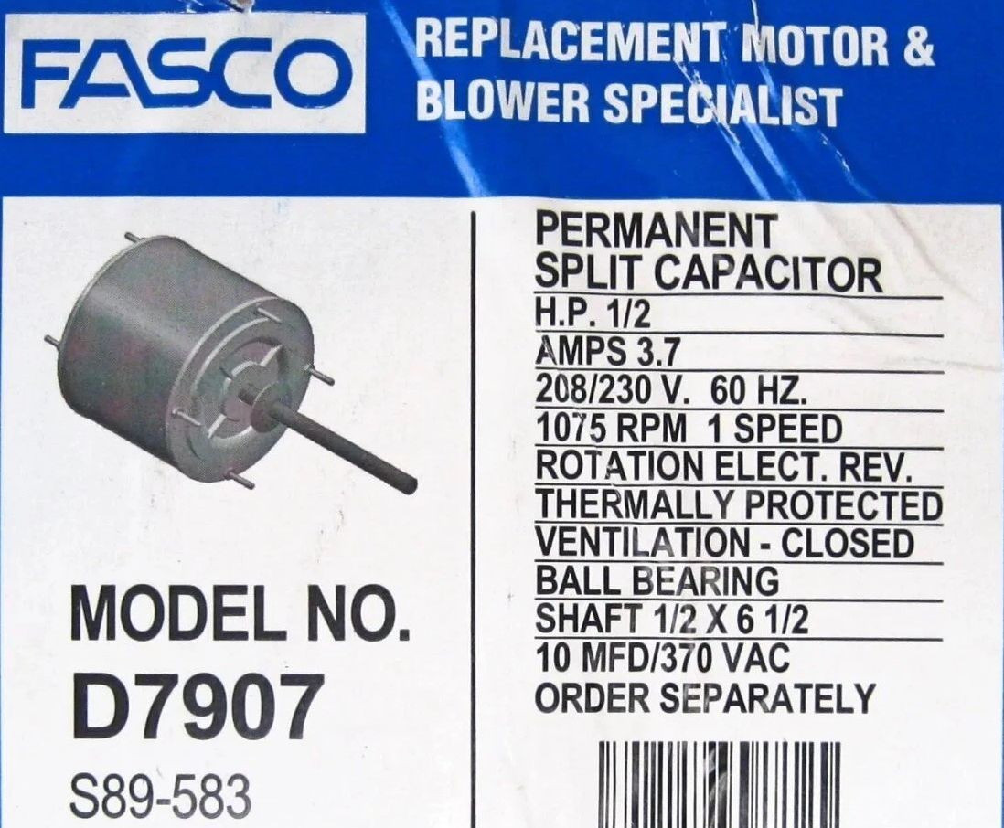 NEW D7907 Fasco PERMANENT SPLIT CAPACITOR 1/2 HP 3.7 A 208/230V 1075RPM