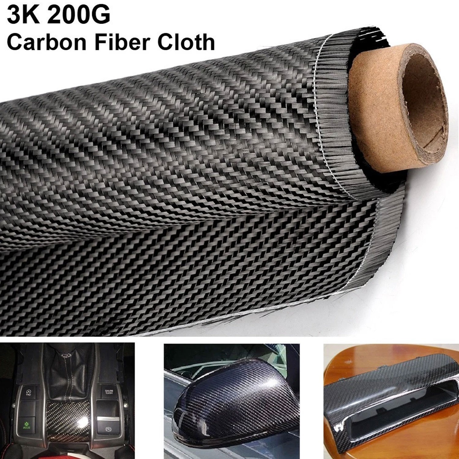 50 * 100CM Real Carbon Fiber Fabric Cloth Roll 3k 200gsm 2×2 Twill Weave Black