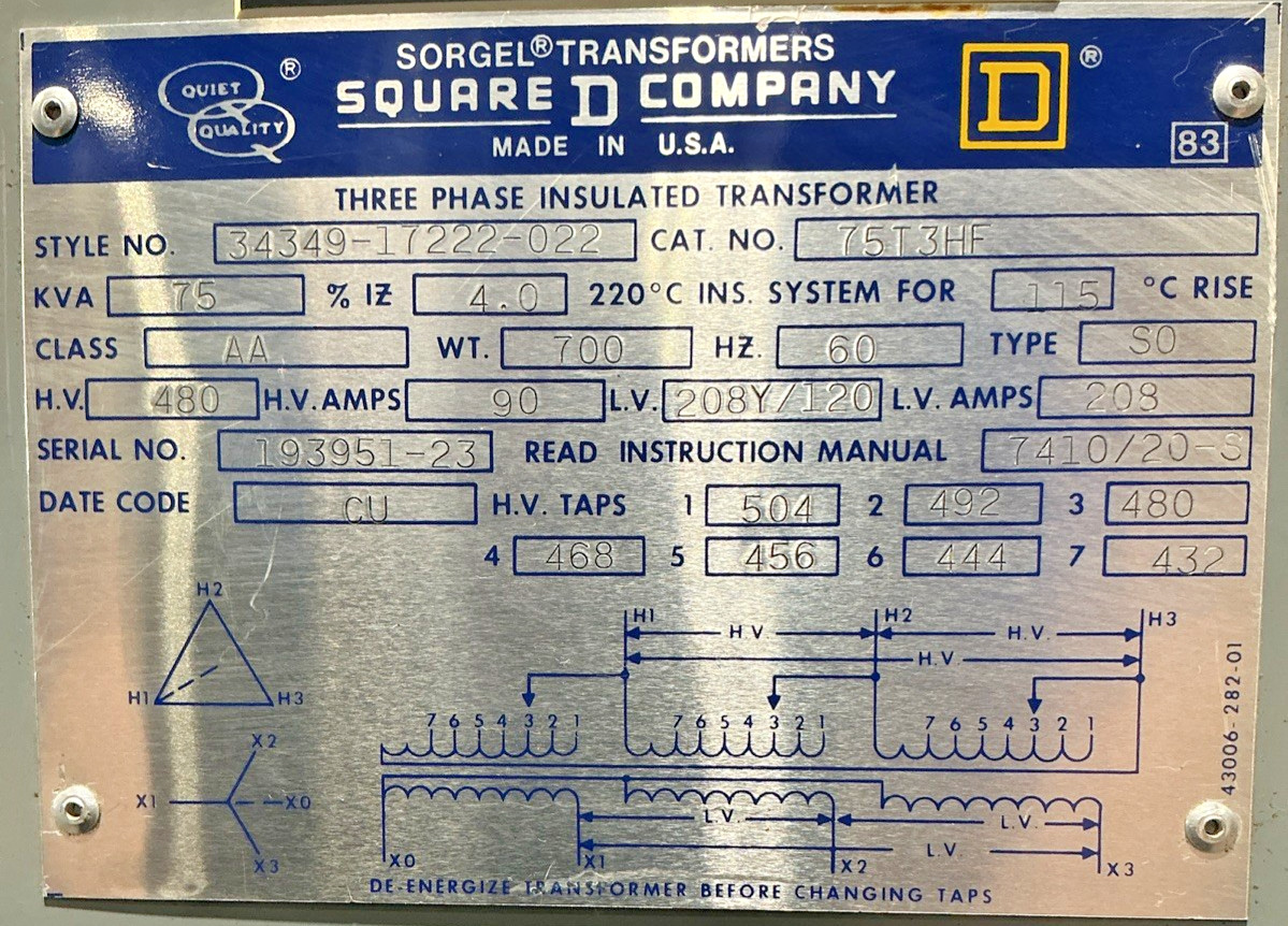Square D 75 kVA 480V Transformer 3PH 208Y/120V 60Hz 75T3HF 🟦