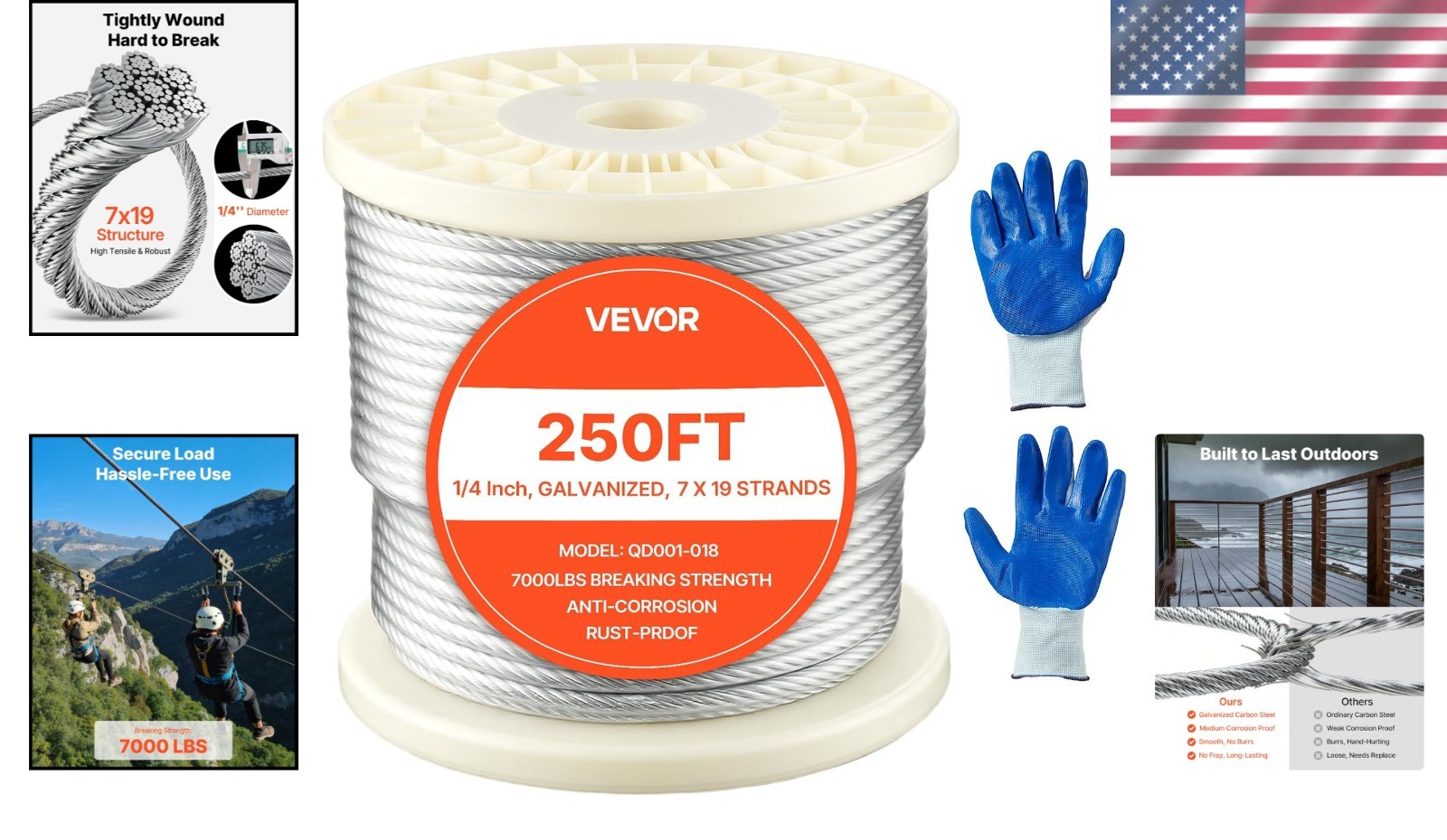 Galvanized Carbon Steel Cable 250 ft Marine Grade
