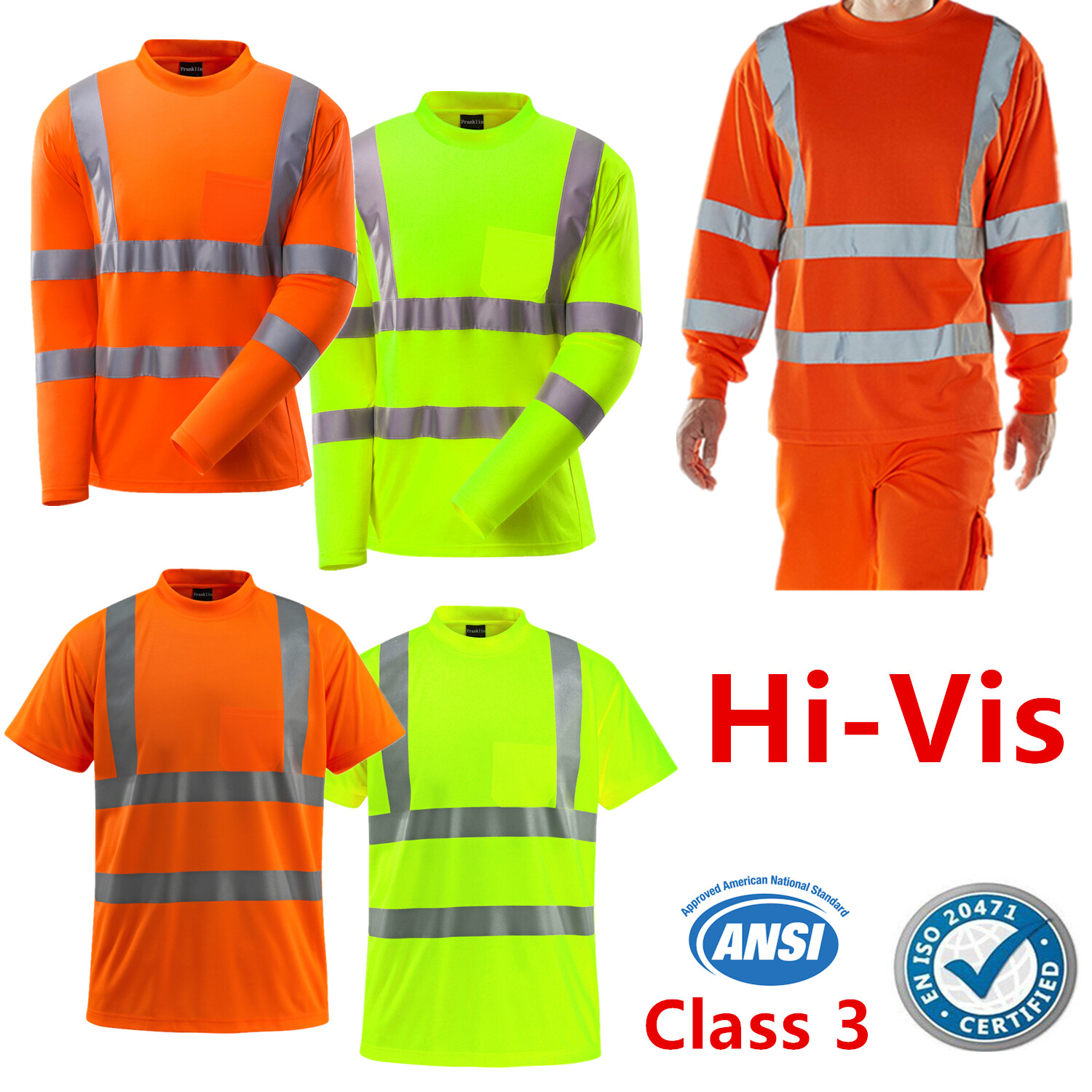 Hi Vis ANSI Class 3 Reflective Safety Work T Shirt High Visibility Breathable