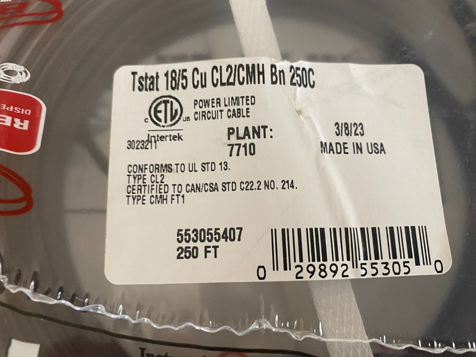 250′ Roll 18/5 AWG Thermostat Cable 553055407 Solid Copper Wire .17″ Diameter