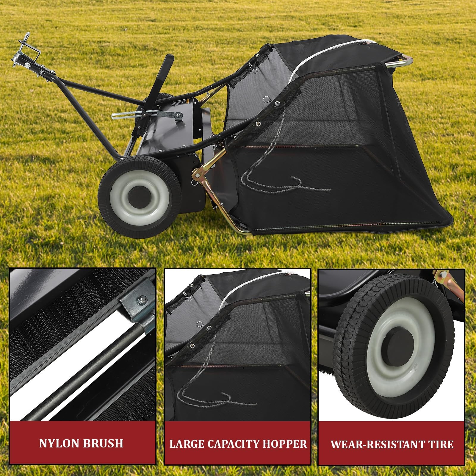 42» Tow Behind Lawn Sweeper Leaf & Grass Collector w/Adjustable Sweeping Height