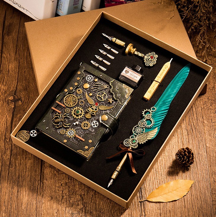 Handmade Steampunk Notebook Leather Journal with customized bookmark and stamp