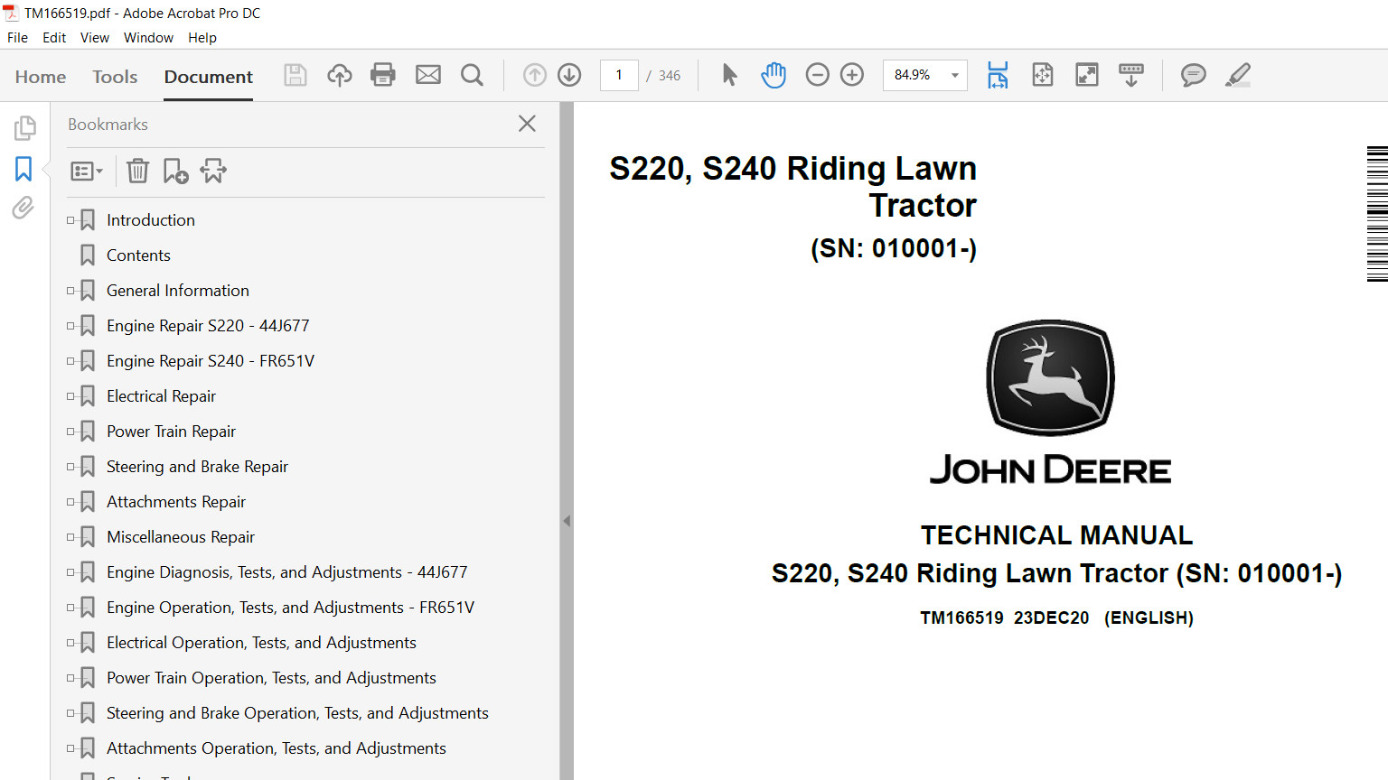John Deere S240 Lawn Tractor Technical Repair & Operator’s Manual USB See Desc.