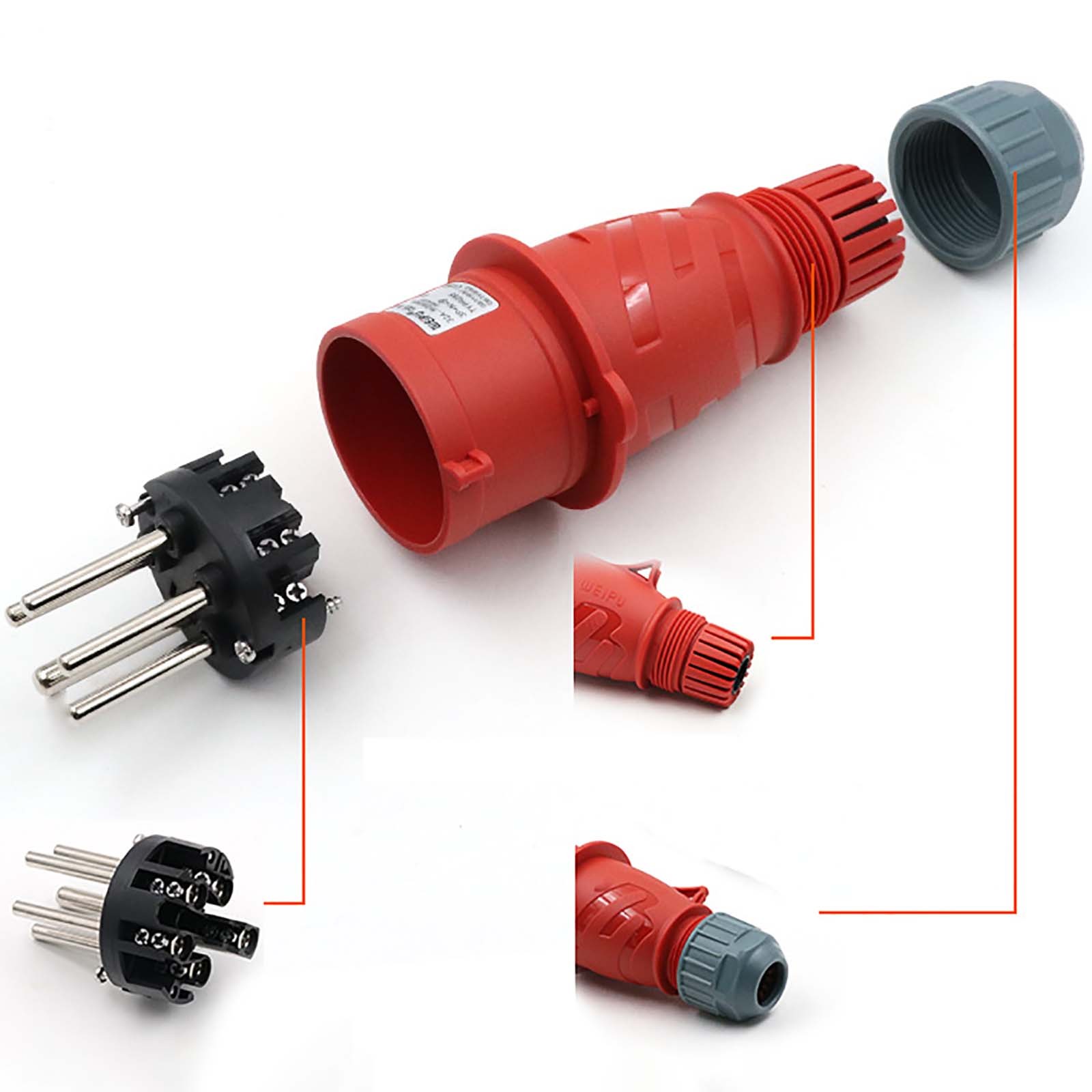 32A 5 PIN RED INDUSTRIAL PLUGS & SOCKETS 3 PHASE 3P+N+E IP44 MALE/FEMALE
