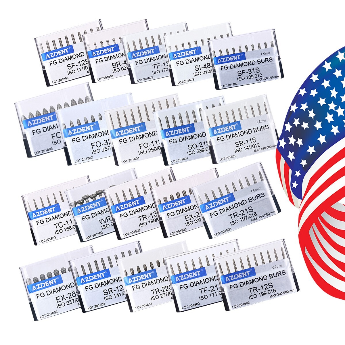 10pcs AZDENT Dental FG Diamond Burs Drill Kit FG 1.6mm for High Speed Handpiece