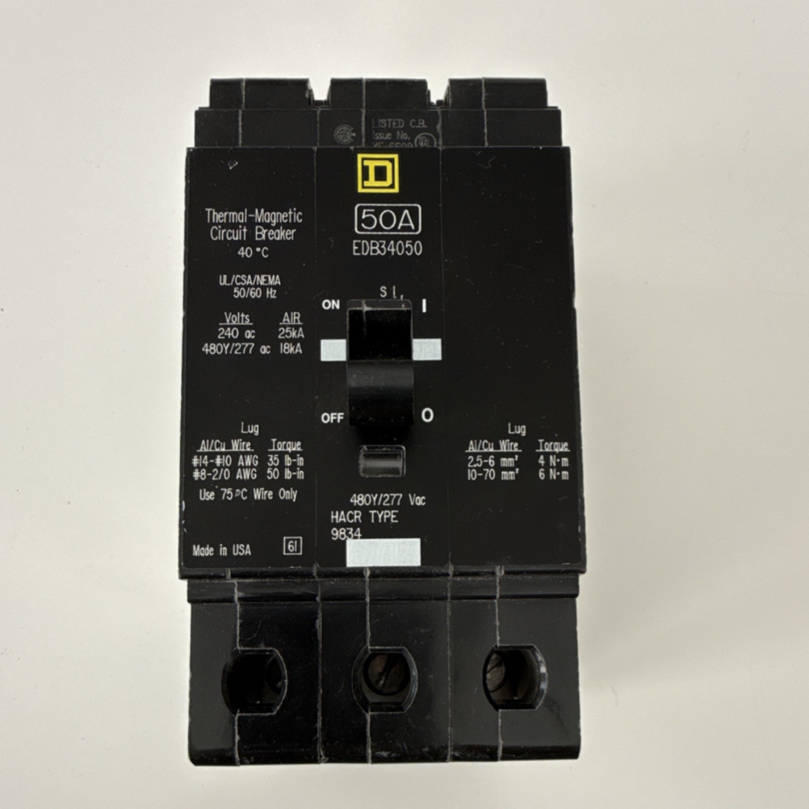 Square D EDB34050 3-Pole 50A Thermal-Magnetic Circuit Breaker 480Y/277V Switch