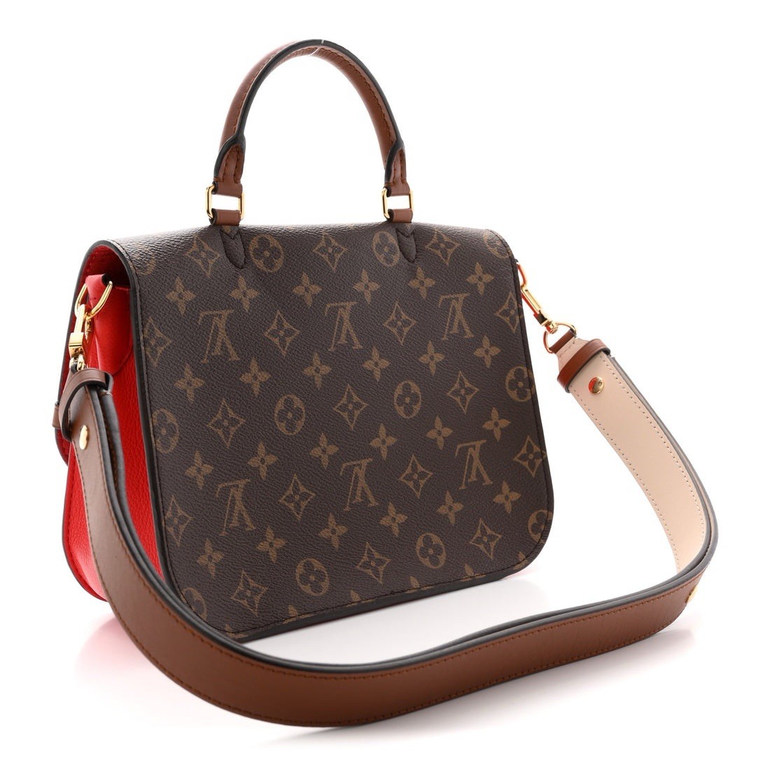 Louis Vuitton Monogram Brown/Red Satchel Top Handle w/ Lock, Detachable Strap