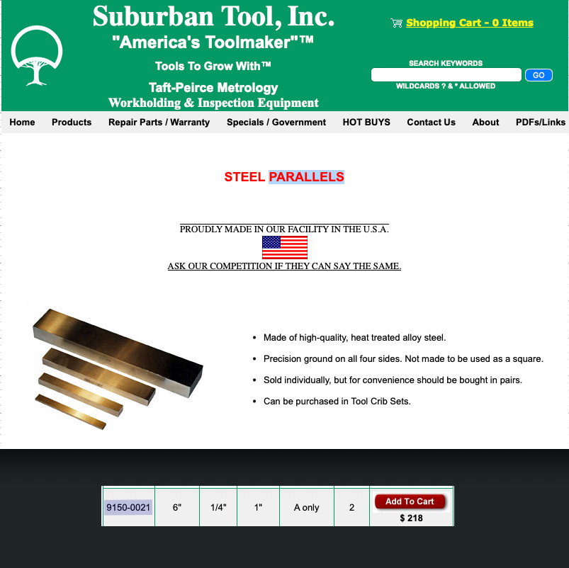 6” Taft Peirce/Suburban Tool Precision Parallel Bars Set 1/4″ x 1″ Machinist USA